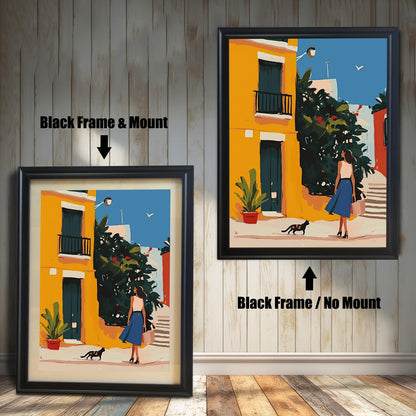 Black framed wall art print of a woman and a cat in a bright, abstract street scene, displayed with and without a matboard. This graphic print is a great addition to contemporary decor.