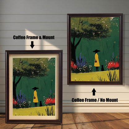 Coffee wood framed wall art print of a woman and a cat in a garden, displayed with and without a matboard. This artwork is ideal for adding a peaceful and serene element to your home decor.