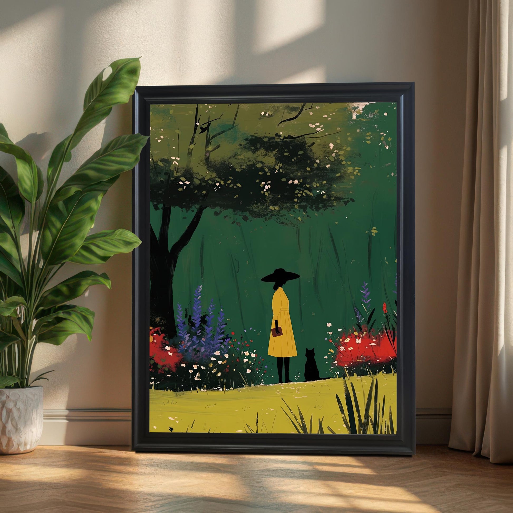 Black framed wall art print of a woman in a yellow coat with a cat in a garden, leaning on a wooden floor next to a potted plant. A beautiful piece of art that brings a touch of fantasy to a space.
