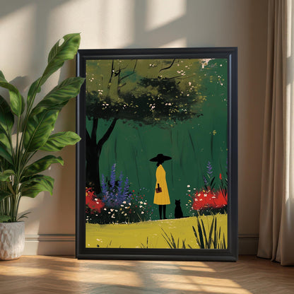 Black framed wall art print of a woman in a yellow coat with a cat in a garden, leaning on a wooden floor next to a potted plant. A beautiful piece of art that brings a touch of fantasy to a space.