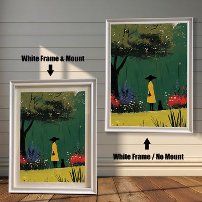 White framed wall art print of a woman and a cat in a blooming garden, shown with and without a matboard. The light-colored frame provides a fresh, modern look.