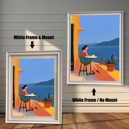 Comparison of a white-framed wall art print with a mount (left) and without a mount (right). The print features a woman on a balcony overlooking the ocean.