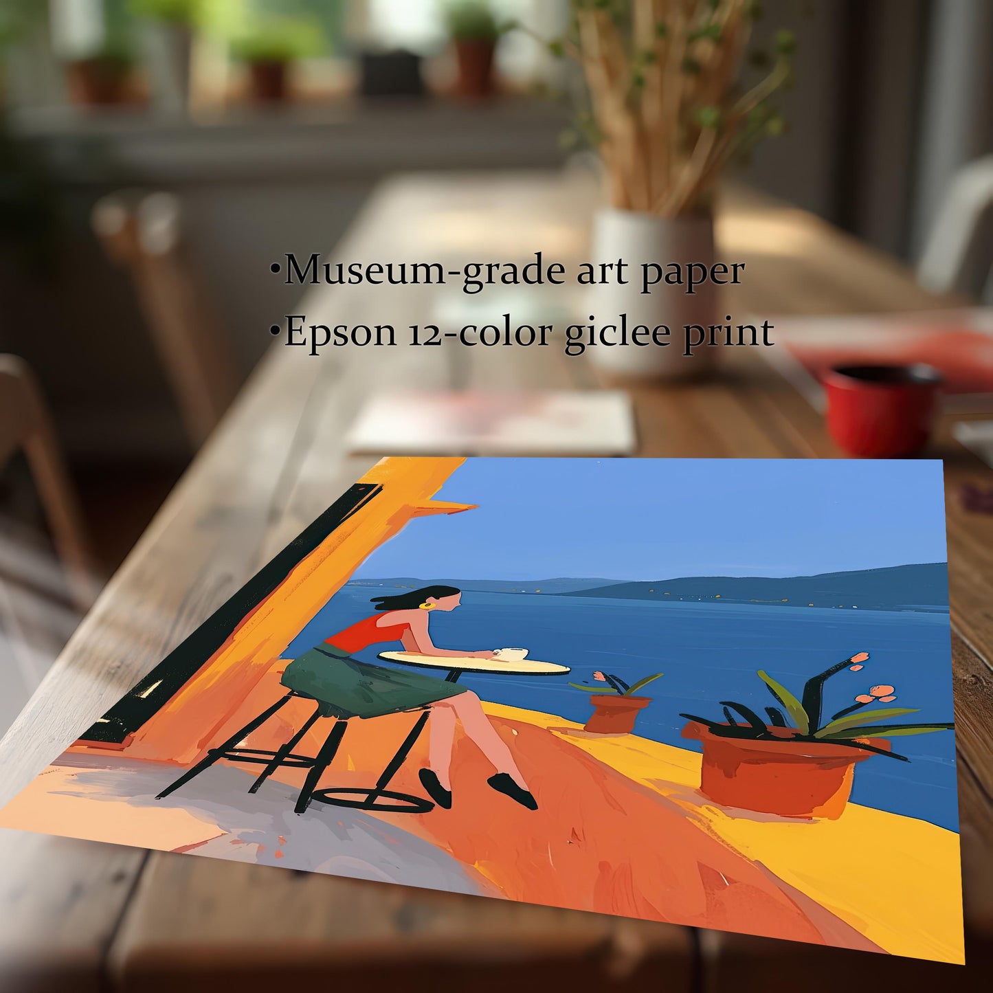 Close-up of a high-quality art print of a woman on a balcony, highlighting the museum-grade art paper and Epson 12-color giclee printing process. The print is shown on a wooden table.