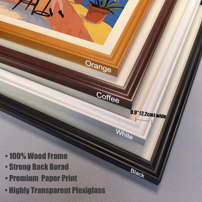 Detailed view of four different wood frame color options for wall art prints: Orange, Coffee, White, and Black. The frames are 0.9 inches (2.2 cm) wide and made of 100% wood with a premium paper print and plexiglass.