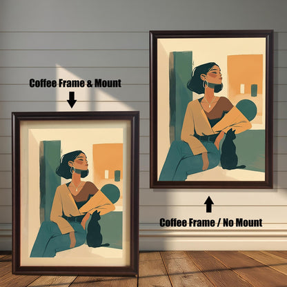 Comparison of a framed art print with and without a mount (mat). On the left, a 'Coffee Frame & Mount' shows the artwork with a white border. On the right, a 'Coffee Frame / No Mount' version displays the artwork without a border, illustrating the different presentation styles.