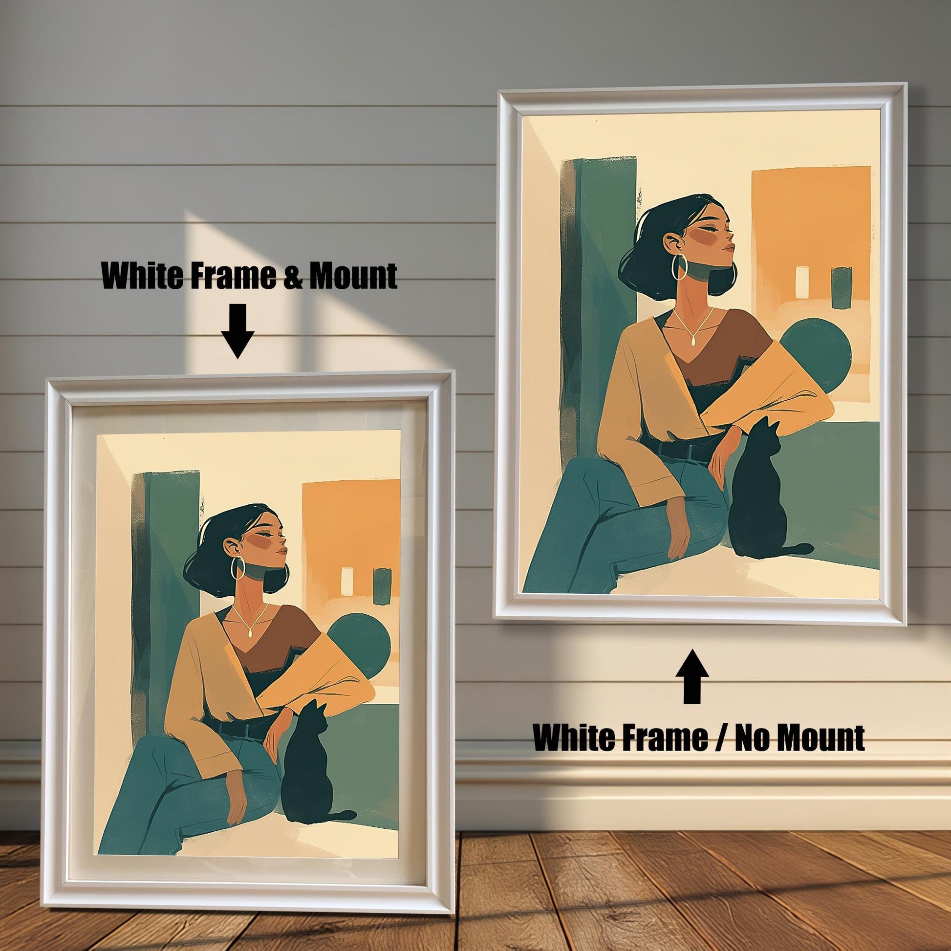 Comparison of framed art prints with and without a mount, featuring the 'White' wood frame. The left print shows the artwork with a mat, while the right displays it without, illustrating the two framing options for a brighter aesthetic.