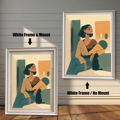 Comparison of framed art prints with and without a mount, featuring the 'White' wood frame. The left print shows the artwork with a mat, while the right displays it without, illustrating the two framing options for a brighter aesthetic.