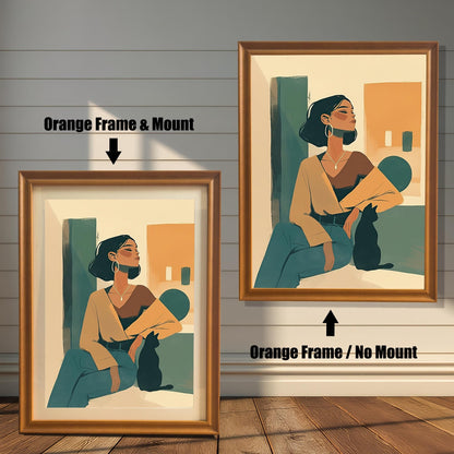 Comparison of framed art prints with and without a mount, featuring the 'Orange' wood frame. The left print shows the artwork with a mat, while the right displays it without, helping customers visualize the two framing options.
