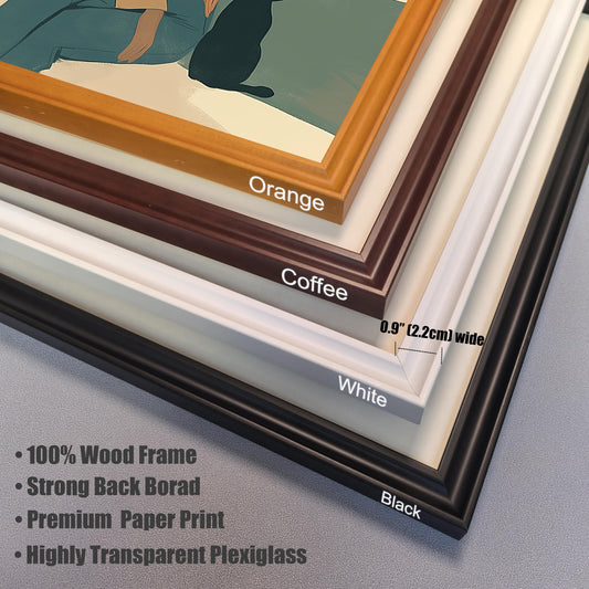 A close-up view of the four different wood frame color options for the wall art: Black, White, Coffee, and Orange. The image highlights the 0.9-inch (2.2cm) frame width and lists key features like '100% Wood Frame,' 'Strong Back Board,' 'Premium Paper Print,' and 'Highly Transparent Plexiglass.