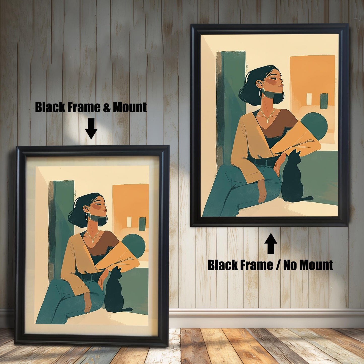Comparison of framed art prints with and without a mount, featuring the 'Black' wood frame. The left print shows the artwork with a mat, while the right displays it without, demonstrating the versatile framing styles.