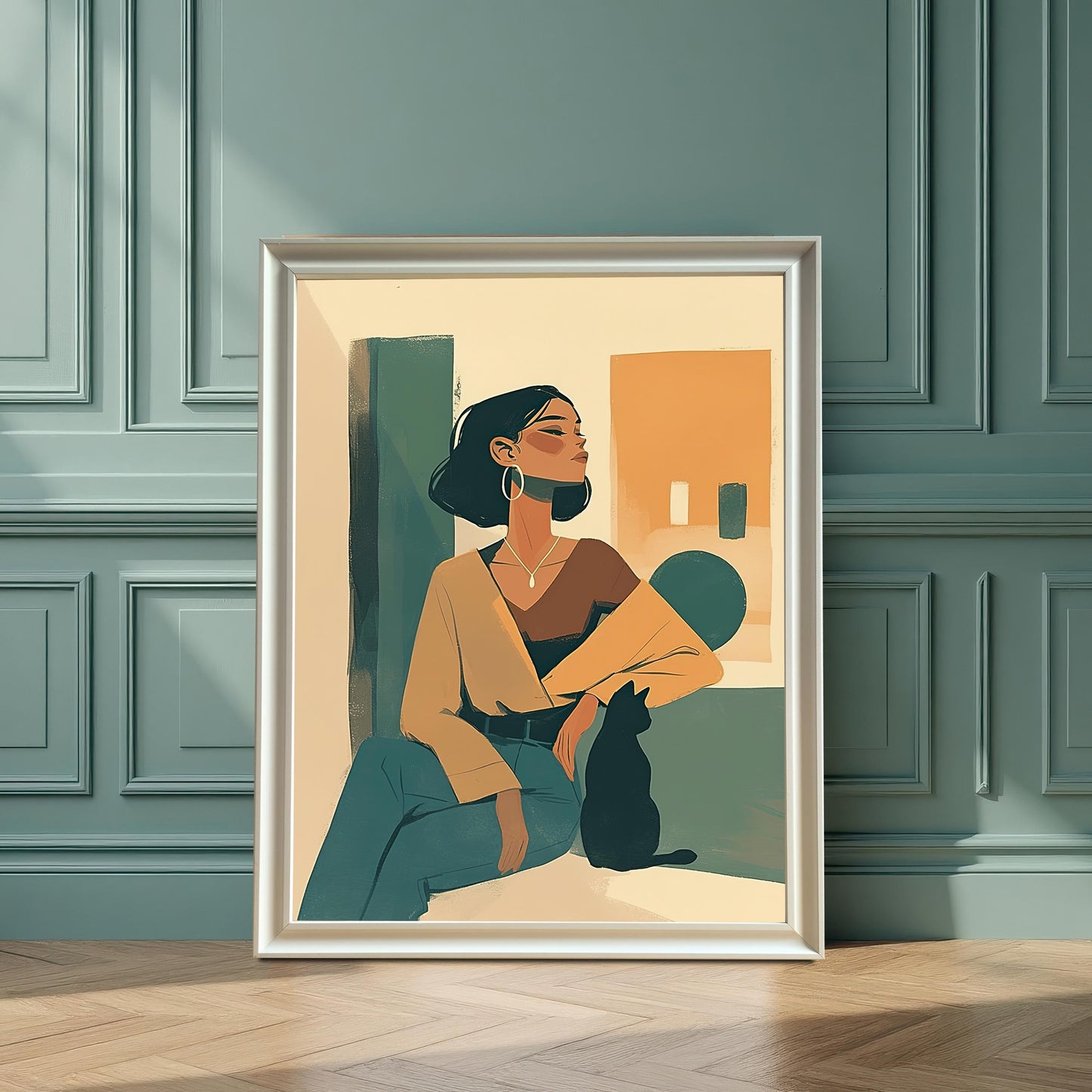 A large wall art print with a white wood frame hanging on a teal paneled wall. The artwork, featuring a seated woman and a cat, contrasts beautifully with the wall color, creating a stylish and inviting interior design.