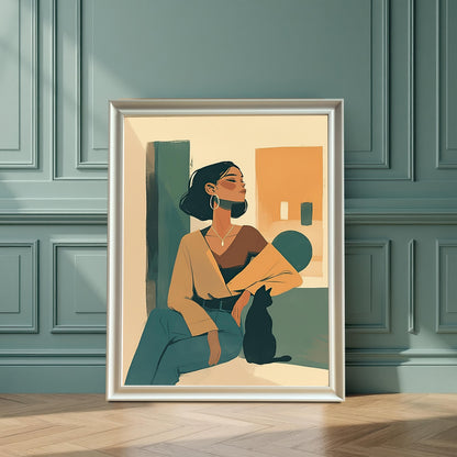 A large wall art print with a white wood frame hanging on a teal paneled wall. The artwork, featuring a seated woman and a cat, contrasts beautifully with the wall color, creating a stylish and inviting interior design.