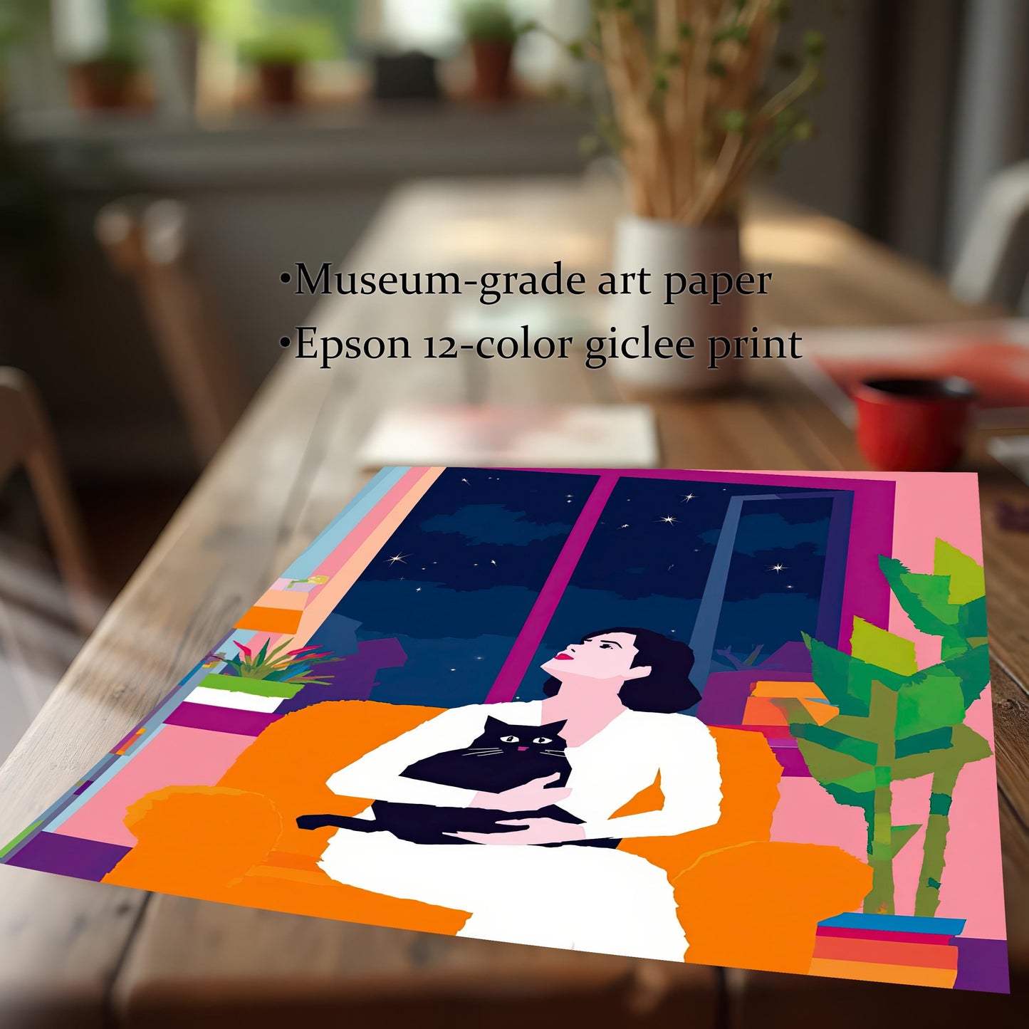 Close-up of the unframed art print on a wooden table, highlighting its quality. Text overlay specifies 'Museum-grade art paper' and 'Epson 12-color giclee print,' emphasizing the high-quality materials and printing process used for this vibrant artwork.