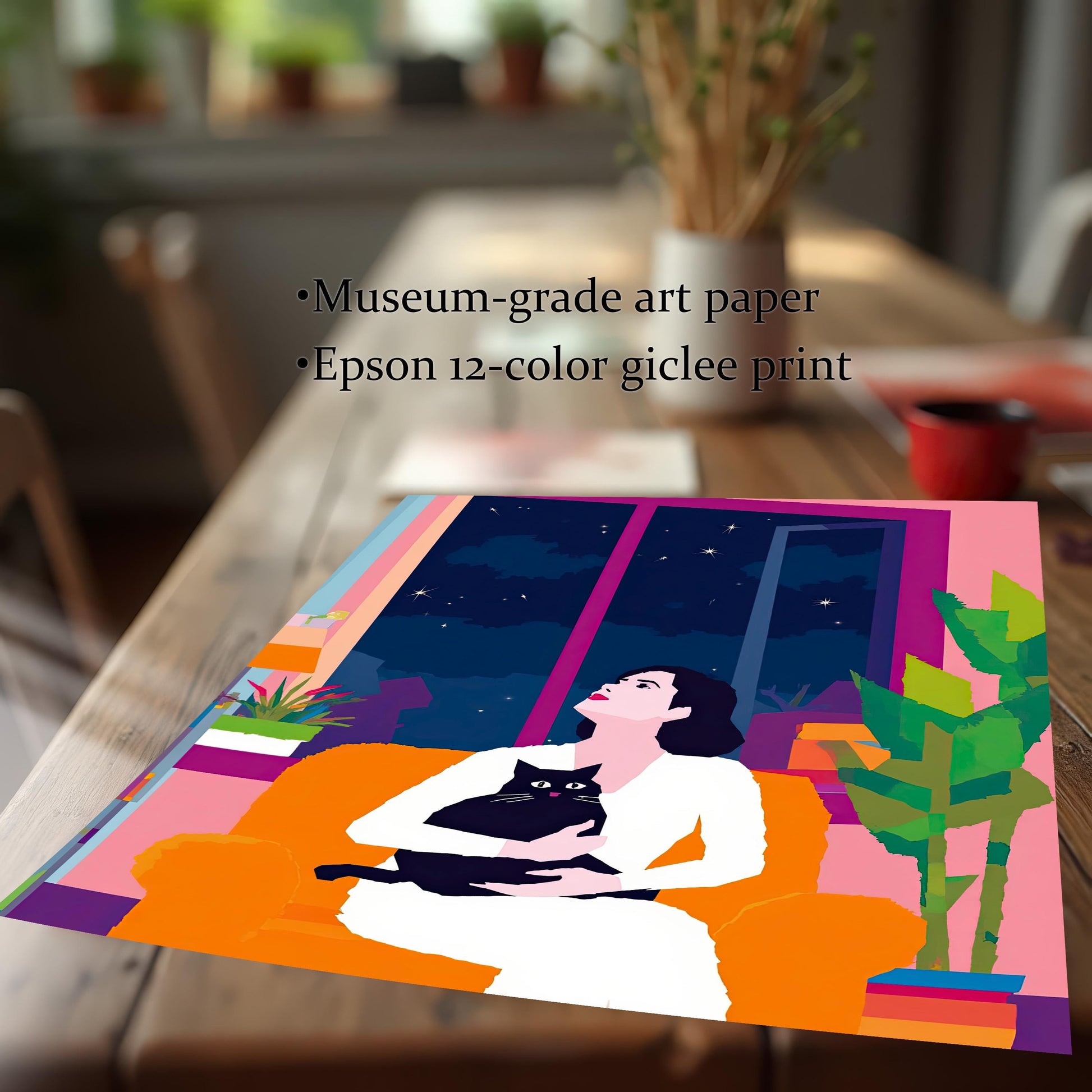 Close-up of the unframed art print on a wooden table, highlighting its quality. Text overlay specifies 'Museum-grade art paper' and 'Epson 12-color giclee print,' emphasizing the high-quality materials and printing process used for this vibrant artwork.