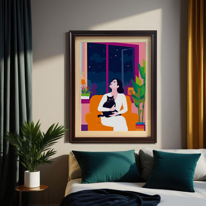 A serene bedroom scene featuring a coffee-colored wood-framed wall art print above the bed. The print depicts an illustration of a woman holding a black cat while looking at a starry night sky, creating a calming and modern aesthetic.