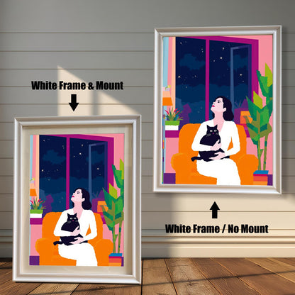 Comparison of framed art prints with and without a mount, featuring the 'White' wood frame. The left print shows the artwork with a mat, while the right displays it without, illustrating the two framing options for this vibrant illustration.
