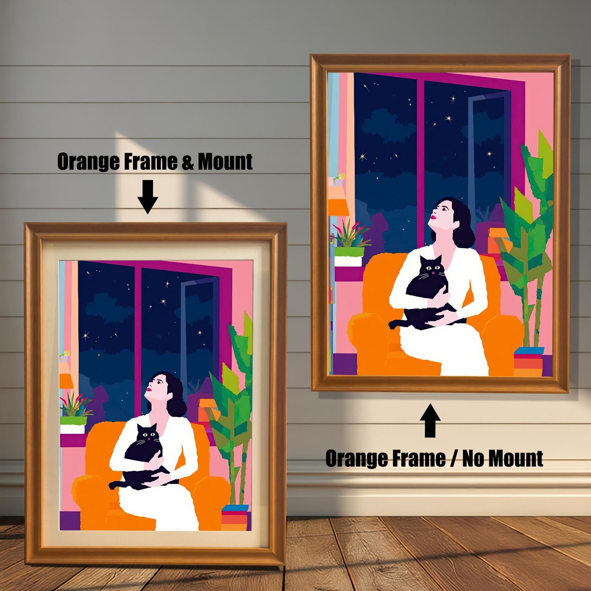 Comparison of framed art prints with and without a mount, featuring the 'Orange' wood frame. The left print shows the artwork with a mat, while the right displays it without, helping customers visualize the two framing options for this colorful wall art.