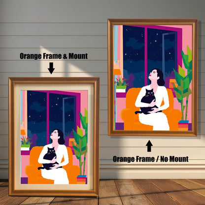 Comparison of framed art prints with and without a mount, featuring the 'Orange' wood frame. The left print shows the artwork with a mat, while the right displays it without, helping customers visualize the two framing options for this colorful wall art.