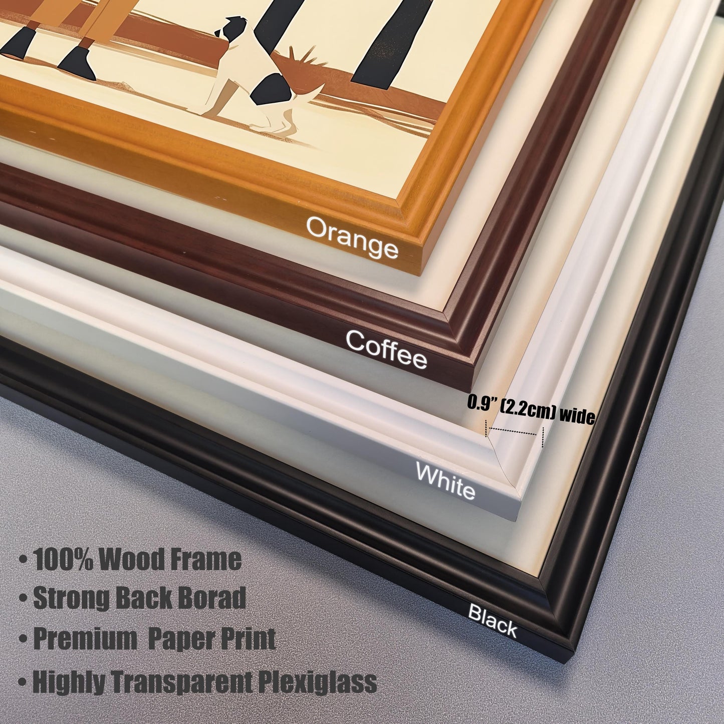 A detail shot of four different frame colors (orange, coffee, white, and black), highlighting the 0.9-inch (2.2cm) width and listing materials like 100% wood and highly transparent plexiglass.