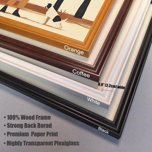 A detail shot of four different frame colors (orange, coffee, white, and black), highlighting the 0.9-inch (2.2cm) width and listing materials like 100% wood and highly transparent plexiglass.