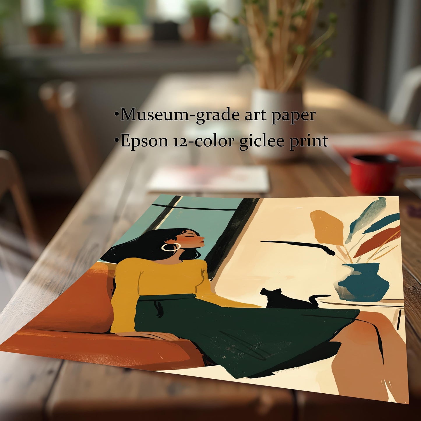 Close-up of an unframed art print on a wooden table, highlighting its quality. Text overlay says "Museum-grade art paper" and "Epson 12-color giclee print."