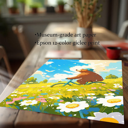 A close-up, angled shot of the unframed art print lying on a rustic wooden table. The image shows the rich detail and colors of the print, and text overlays describe the print quality: "Museum-grade art paper" and "Epson 12-color giclee print