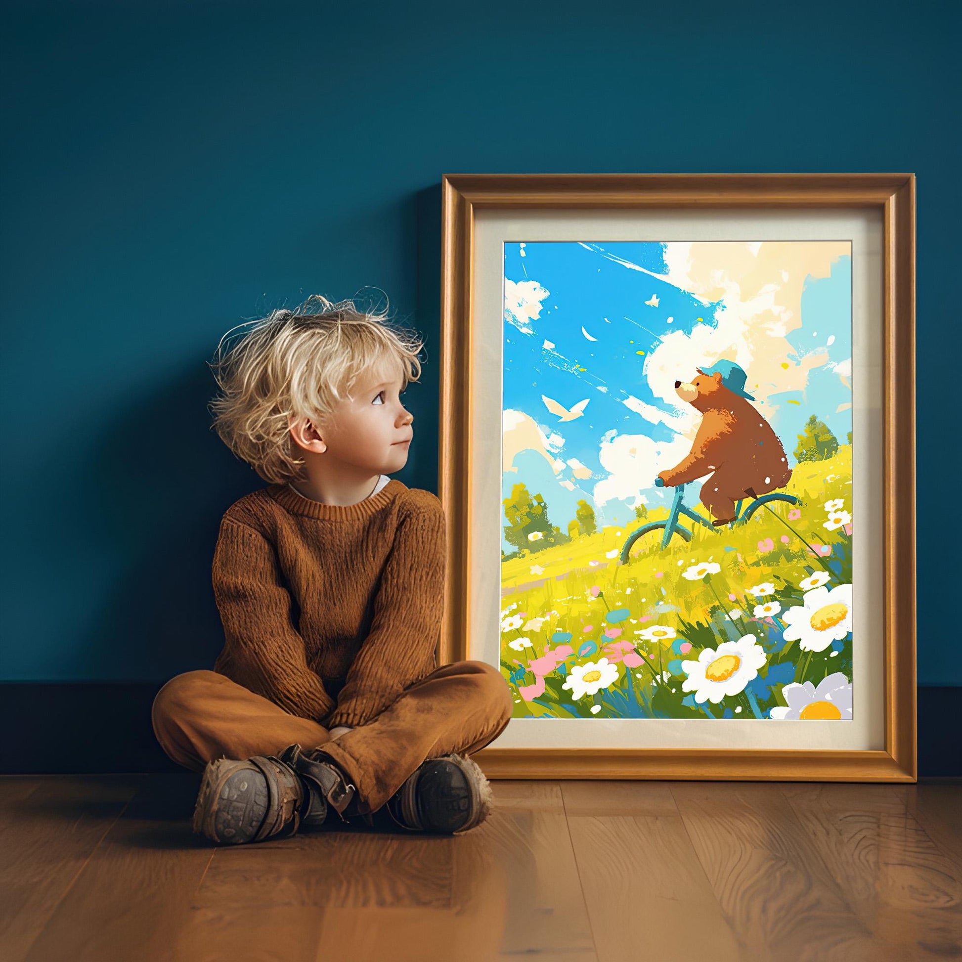 A lifestyle photo showing the art print in an orange-toned wood frame leaning against a dark blue wall. A young child with blond hair and a brown sweater sits on the floor next to the framed art, looking up at it. The image creates a heartwarming, childlike mood