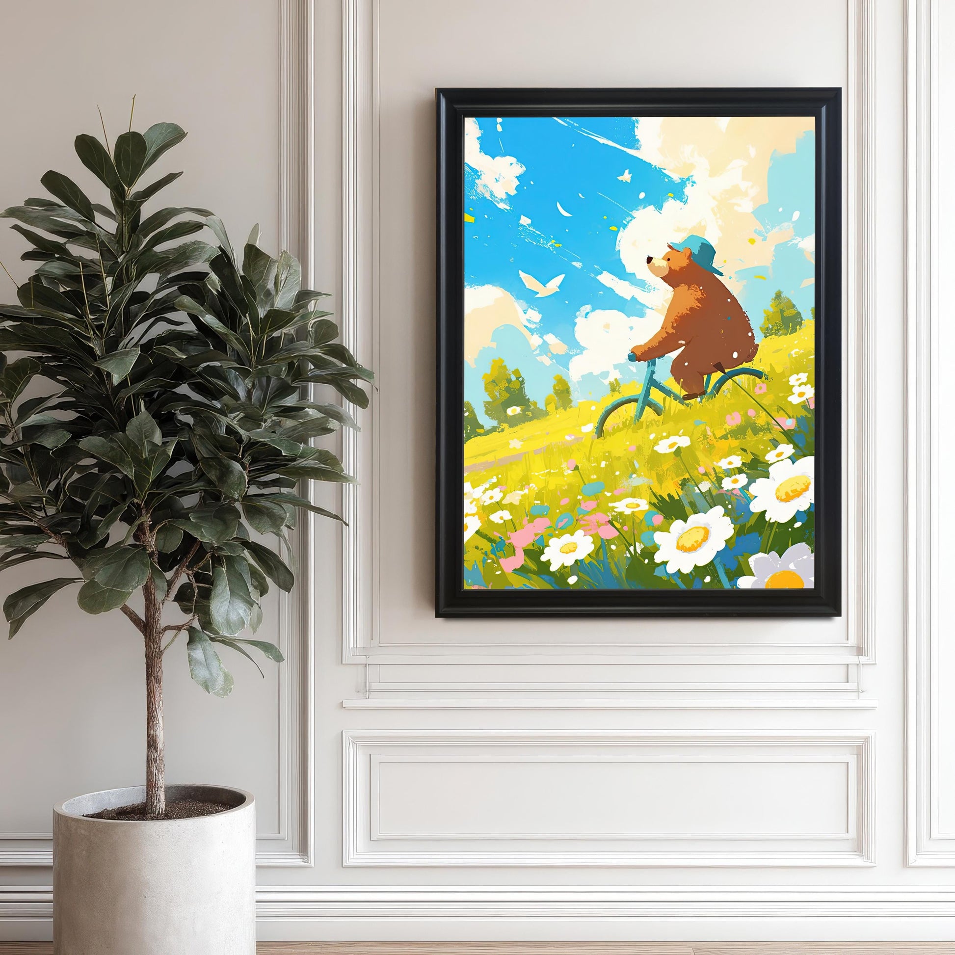 A full-length, lifestyle shot of the black-framed art print hanging on a white wall with wainscoting. A large green plant in a concrete pot is placed next to the framed artwork, creating a modern, minimalist interior scene