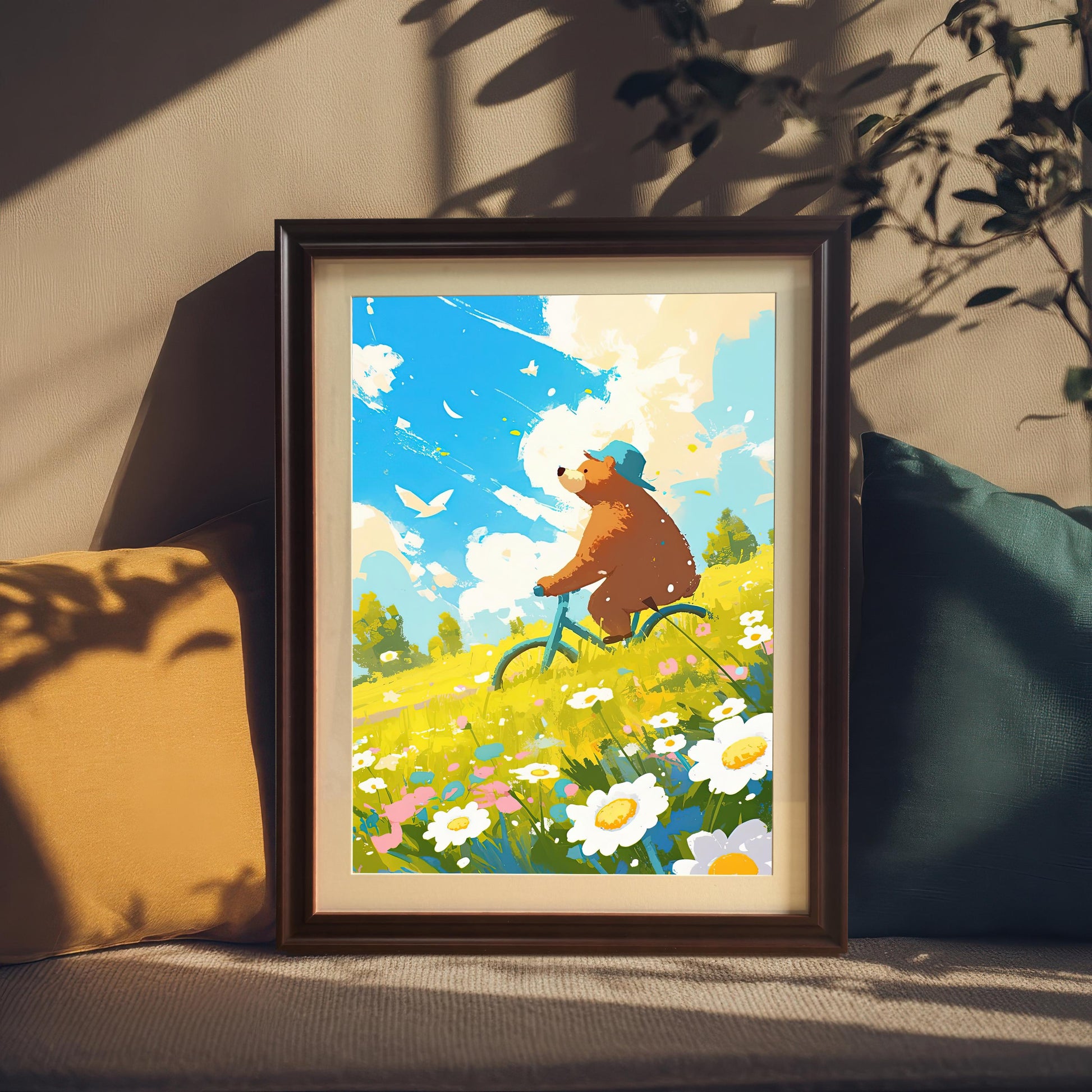 A staged photo of the art print framed in a dark, brown-toned wood frame. The framed print is propped up on a couch between a yellow pillow and a teal pillow, with natural sunlight and plant shadows adding to the cozy, indoor setting.