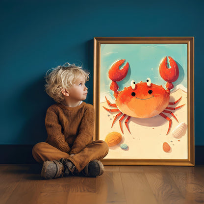 Crab Giclée Print, Wood Framed Coastal Nursery Art