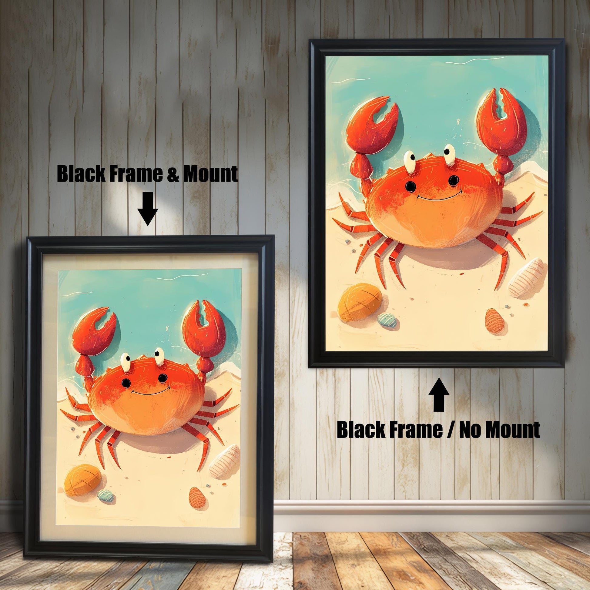 A split image showing the art print with two black framing options. The left side displays the print with a mat, labeled "**Black Frame & Mount**," while the right side shows the same print in a black frame with no mat, labeled "**Black Frame / No Mount**." The artwork is of a friendly cartoon crab on the beach.