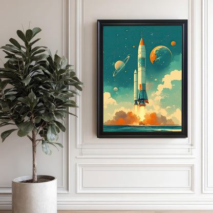 A framed art print with a black wood frame hanging on a white decorative wall with a potted plant on the left. The retro-style print shows a rocket launching into space from a body of water with orange clouds and distant planets.