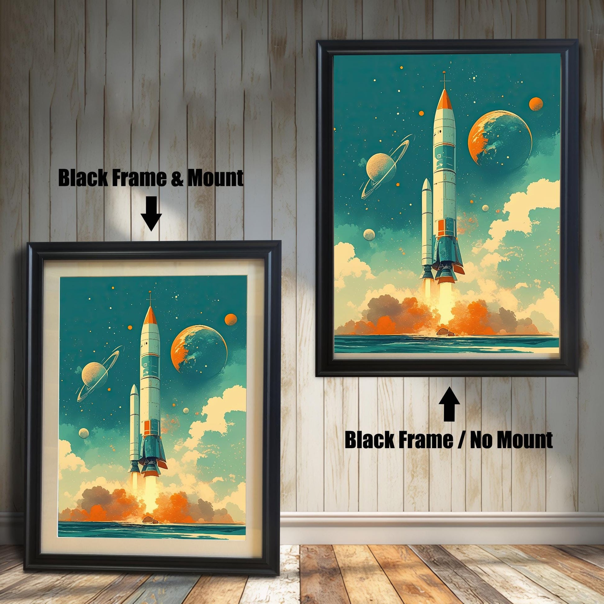 Two black-framed art prints of a retro-style rocket launch. The print on the left includes a white mat (mount) for a professional look, while the print on the right is a simple full-frame version. Both pieces are leaning against a white wood paneled wall.