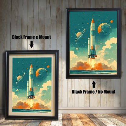 Two black-framed art prints of a retro-style rocket launch. The print on the left includes a white mat (mount) for a professional look, while the print on the right is a simple full-frame version. Both pieces are leaning against a white wood paneled wall.