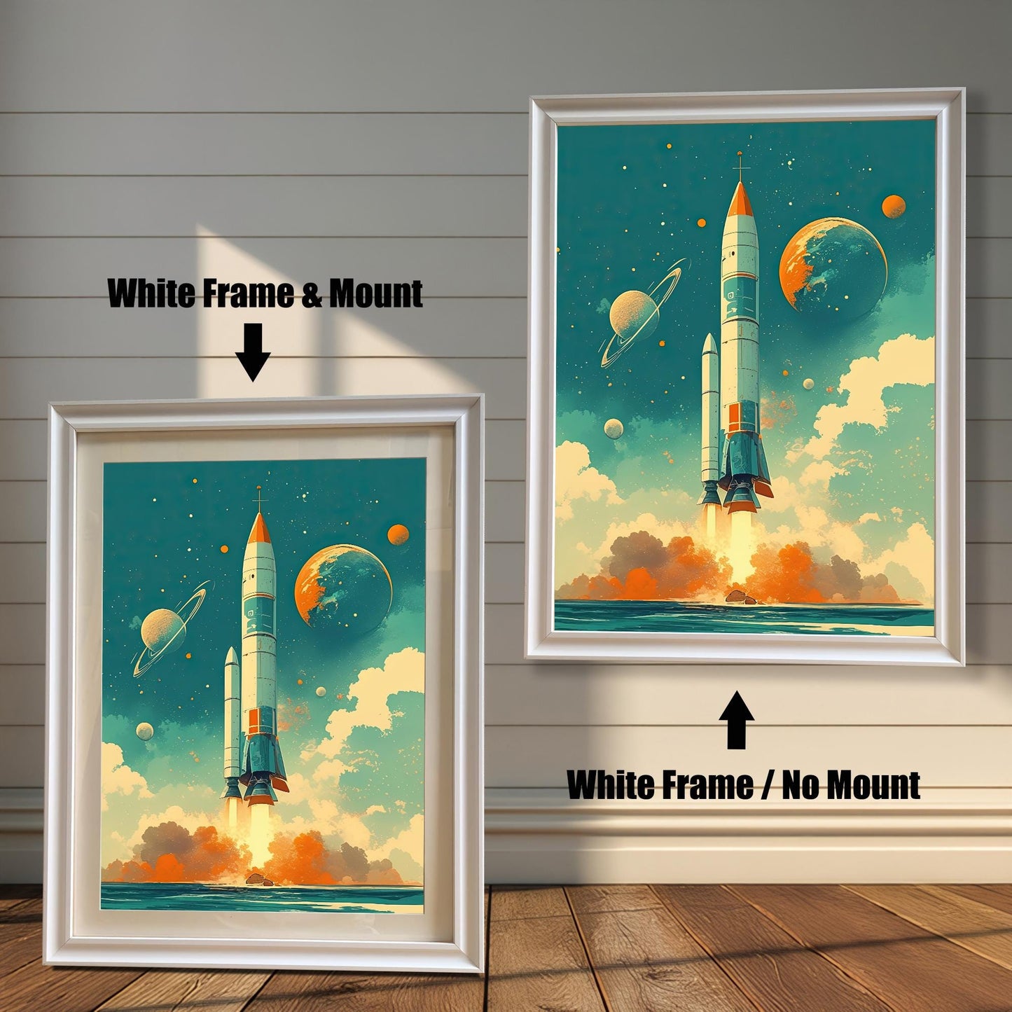 A white-framed art print featuring a vintage-style rocket launch with planets and a saturn-like ring in the background. The image shows two options: one on the left with a white mount (mat), and another on the right without a mount. Both are against a white wood paneled wall.