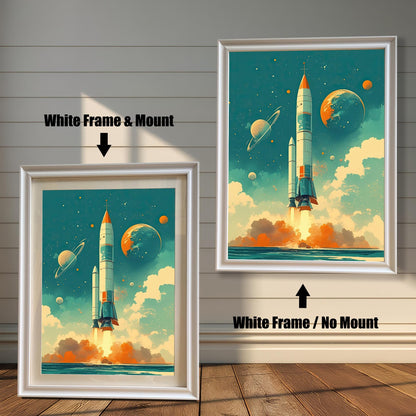 A white-framed art print featuring a vintage-style rocket launch with planets and a saturn-like ring in the background. The image shows two options: one on the left with a white mount (mat), and another on the right without a mount. Both are against a white wood paneled wall.