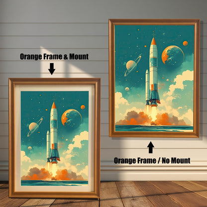 An orange-brown wood-framed art print of a rocket launch with planets and rings in a retro style. The image shows two different framing options: one on the left with a white mat (mount), and one on the right without a mat. Both framed prints are displayed against a white wood paneled wall.