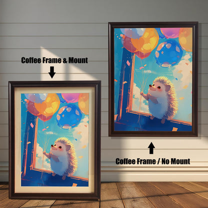 Two coffee-colored dark brown wood-framed art prints, showing a whimsical hedgehog with balloons. The print on the left has a white mat (mount), and the one on the right is a full-frame display. Both are shown against a white wood paneled wall.