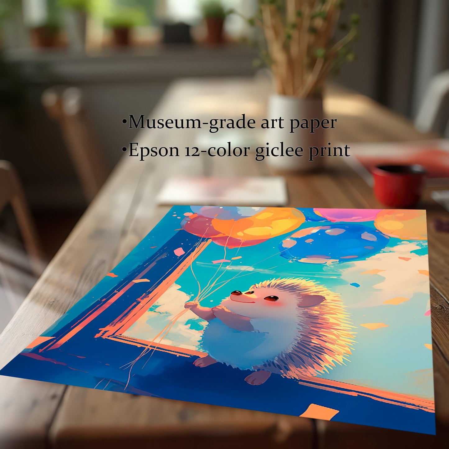 A vibrant, unframed art print of a cute hedgehog holding balloons, resting on a rustic wood dining table. The image highlights the high-quality printing process, noting it's a "Museum-grade art paper" and an "Epson 12-color giclee print.