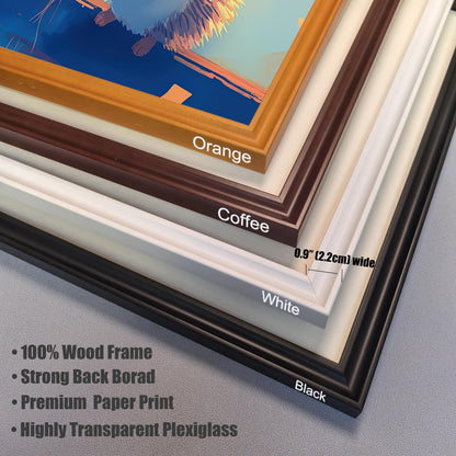 A close-up of four wood frame options for a cute hedgehog art print. The frames are labeled Orange, Coffee, White, and Black, with a text overlay indicating the 0.9 inch (2.2 cm) width. The image also lists the product's high-quality features, including a "100% Wood Frame," "Strong Back Board," "Premium Paper Print," and "Highly Transparent Plexiglass.