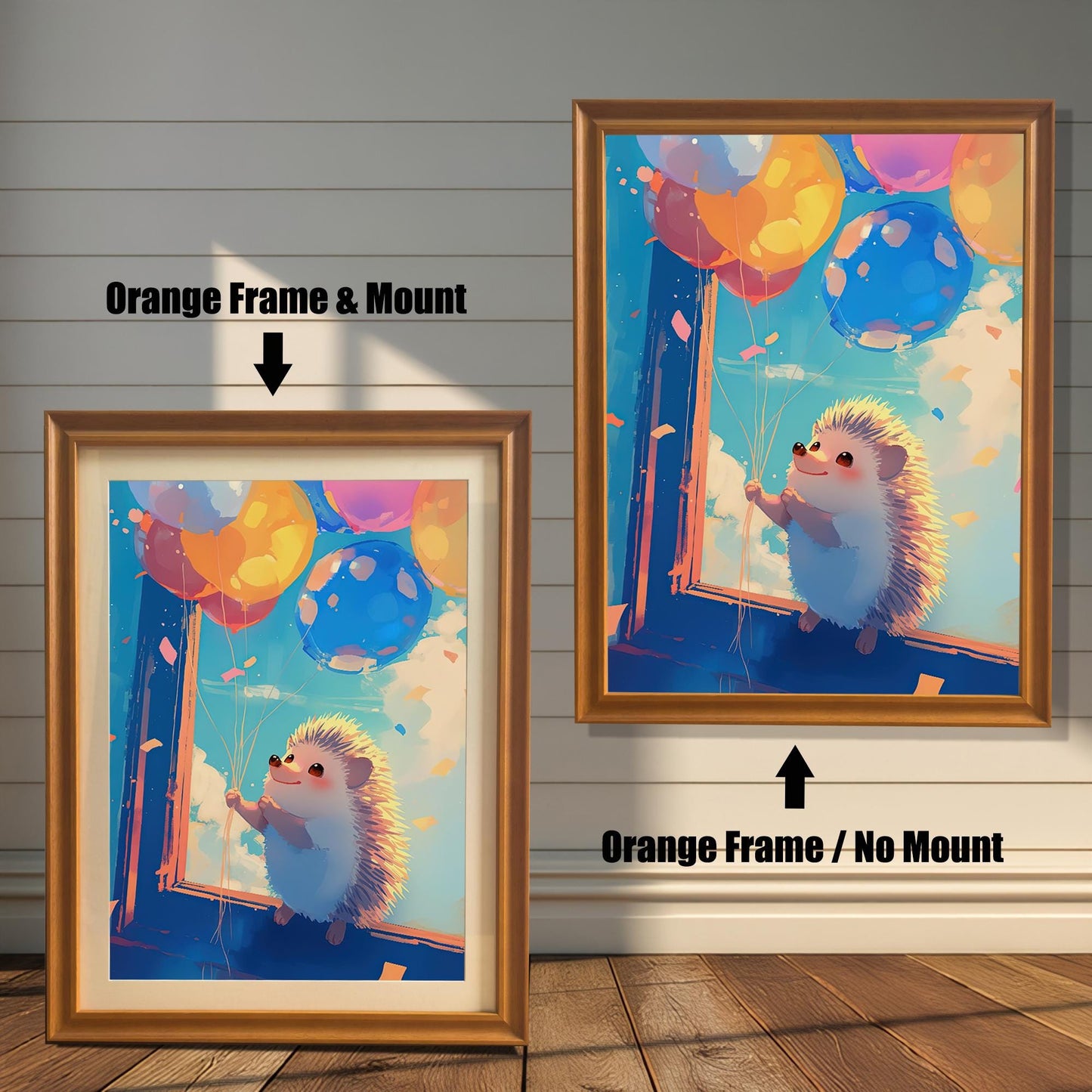 An art print featuring a cute hedgehog holding balloons, shown in two variations with an orange wood frame. The print on the left has a white mat (mount), while the one on the right is framed without a mat. Both prints are displayed against a rustic white wood paneled wall