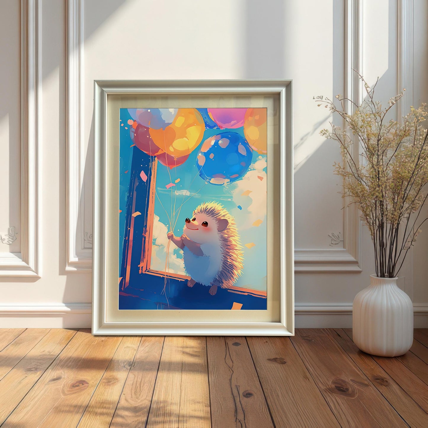 A white-framed art print of a whimsical hedgehog with balloons, leaning against a white decorative wall. The scene is bright and cheerful, with sunlit clouds and confetti surrounding the happy hedgehog.`
