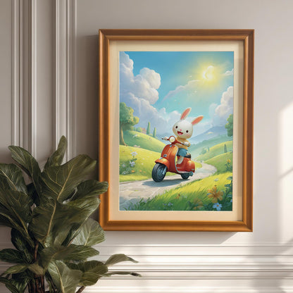 An orange-brown wood-framed art print of a cute bunny riding an orange scooter down a winding path in a sunny, green field. The print is hanging on a white decorative wall with a large potted plant visible in the bottom-left corner.