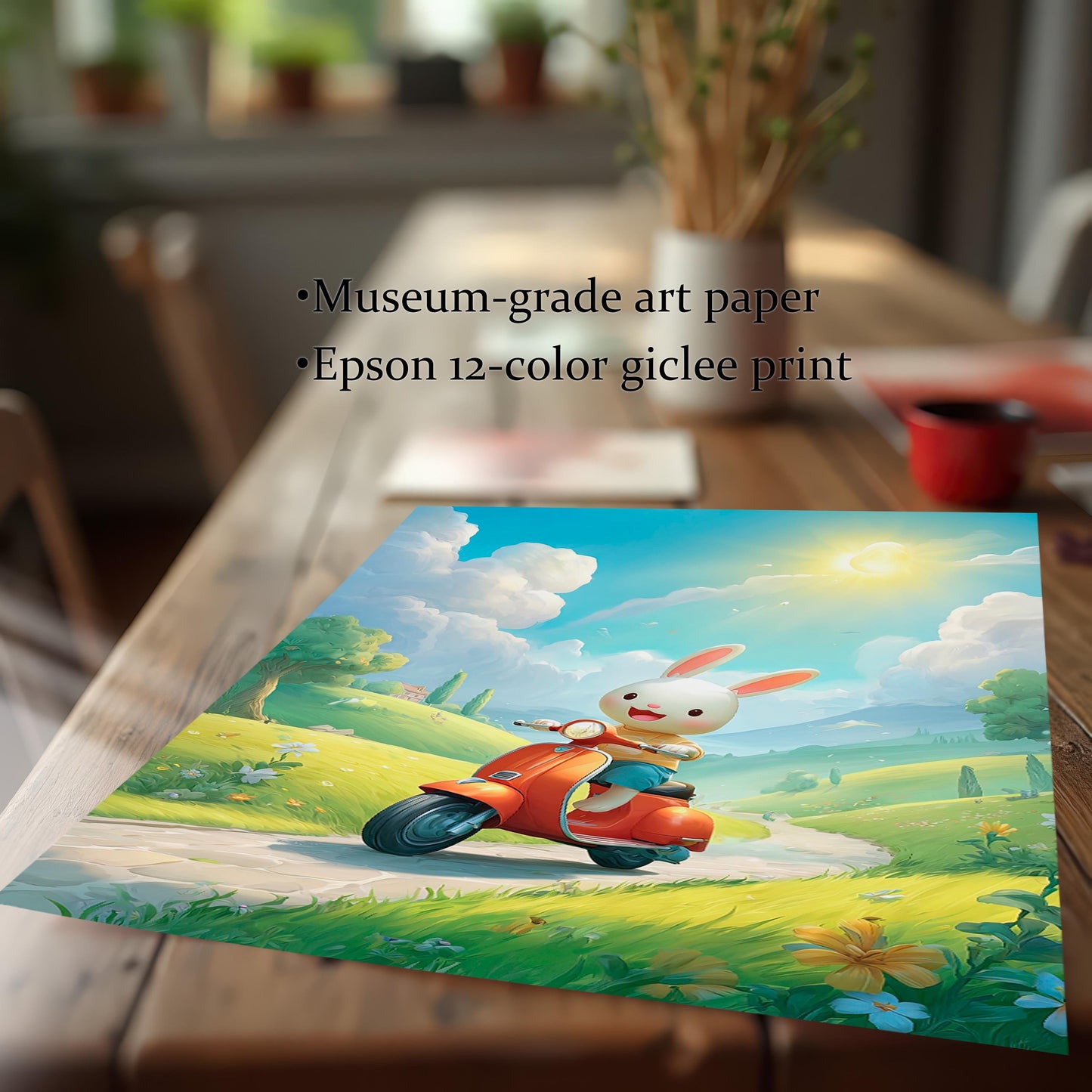 A vibrant, unframed art print of a cute bunny on a scooter, resting on a rustic wood dining table. The image highlights the high-quality printing process, noting it's a "Museum-grade art paper" and an "Epson 12-color giclee print."