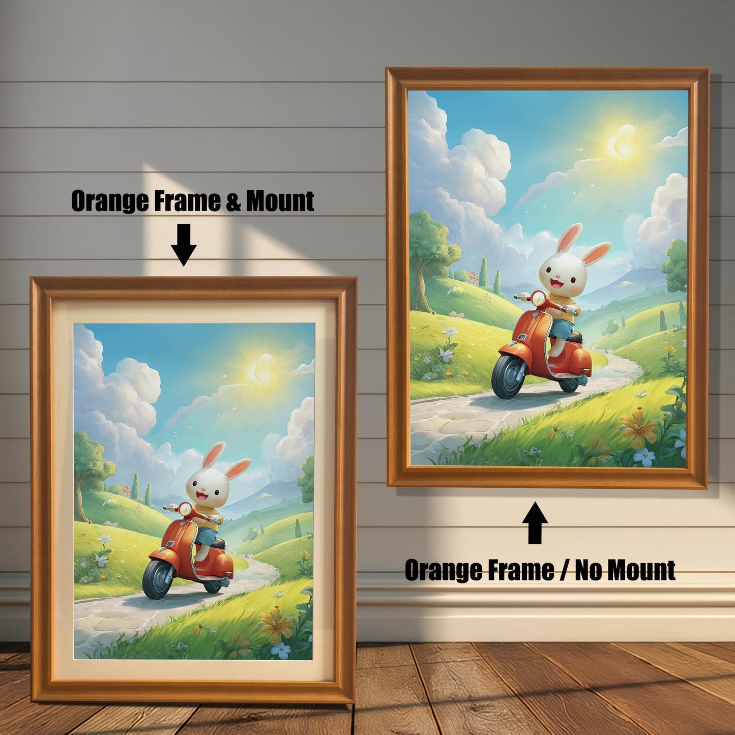 An art print featuring a cute bunny on a scooter, shown in two variations with an orange wood frame. The print on the left has a white mat (mount), while the one on the right is framed without a mat. Both prints are displayed against a white wood paneled wall.