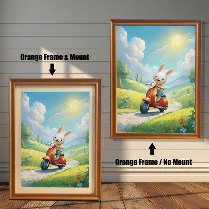An art print featuring a cute bunny on a scooter, shown in two variations with an orange wood frame. The print on the left has a white mat (mount), while the one on the right is framed without a mat. Both prints are displayed against a white wood paneled wall.