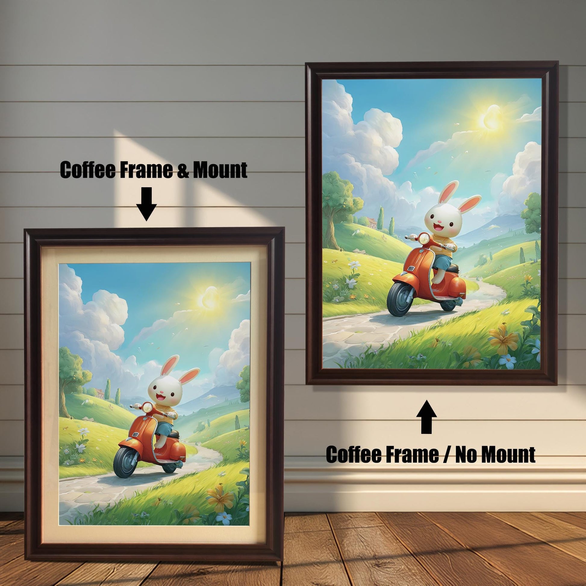 Two coffee-colored dark brown wood-framed art prints, showing a cute bunny on a scooter. The print on the left has a white mat (mount), and the one on the right is a full-frame display. Both are shown against a white wood paneled wall.