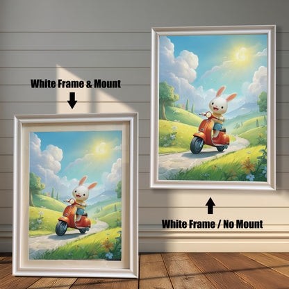 Two white-framed art prints of a cute bunny on a scooter. The print on the left has a white mat (mount) for a clean, classic look, while the one on the right is a full-frame display. Both pieces are leaning against a white wood paneled wall.