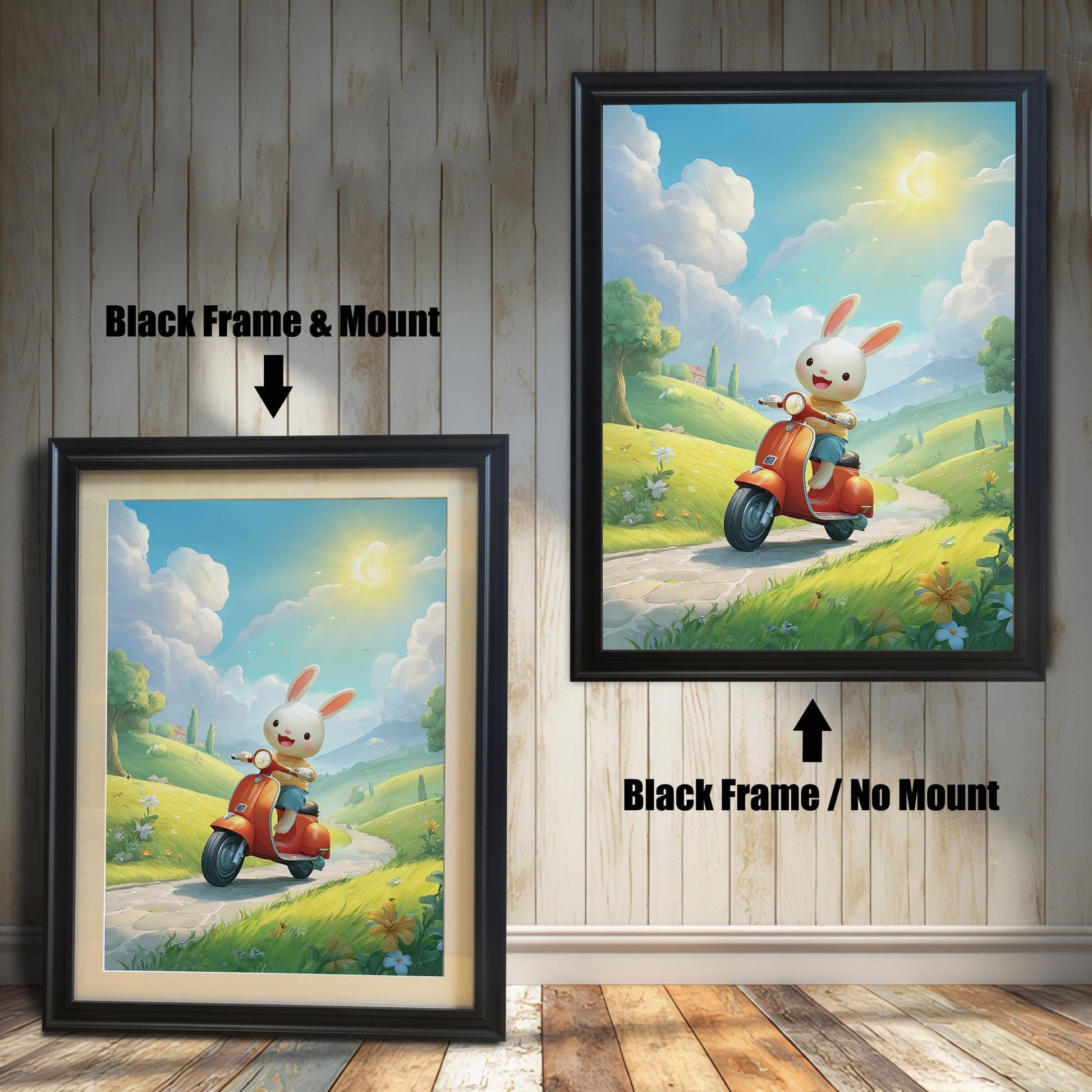 Two black-framed art prints of a cute bunny on a scooter. The print on the left has a white mat (mount) for a professional look, while the print on the right is a simple full-frame version. Both pieces are leaning against a rustic white wood paneled wall.