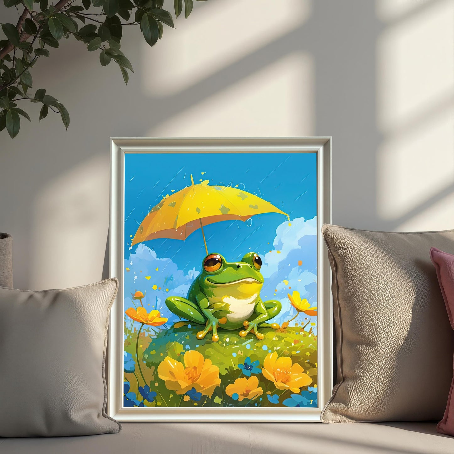A white-framed art print of a whimsical frog holding a yellow umbrella, leaning on a white couch with pillows. The scene is bright and cheerful, with a blue sky and yellow flowers.